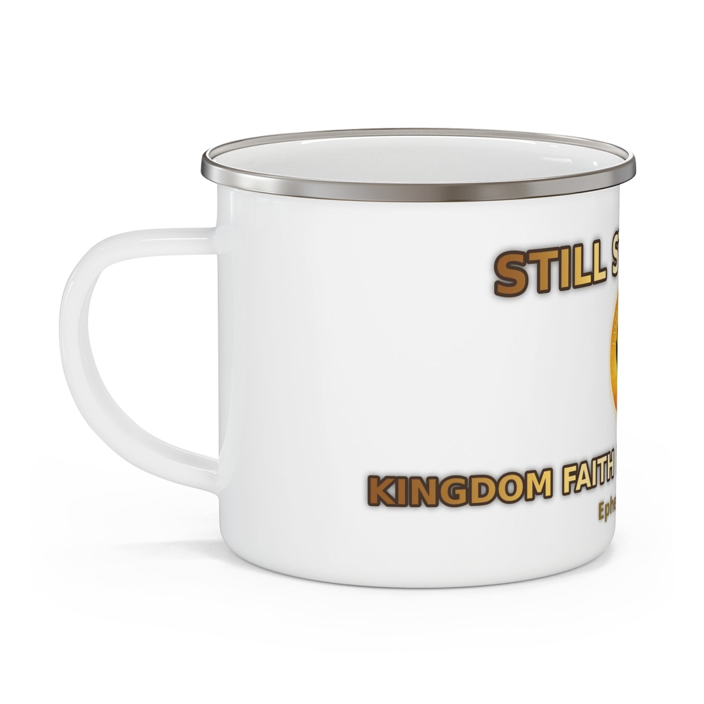 Still Standing Enamel Camping Mug — Wisdom Faith Builders Academy (Ephesians 6:13)