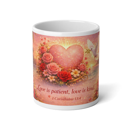 Love Is Patient 20oz Jumbo Mug — Romantic Heart & Roses, 1 Corinthians 13:4 Faith Gift