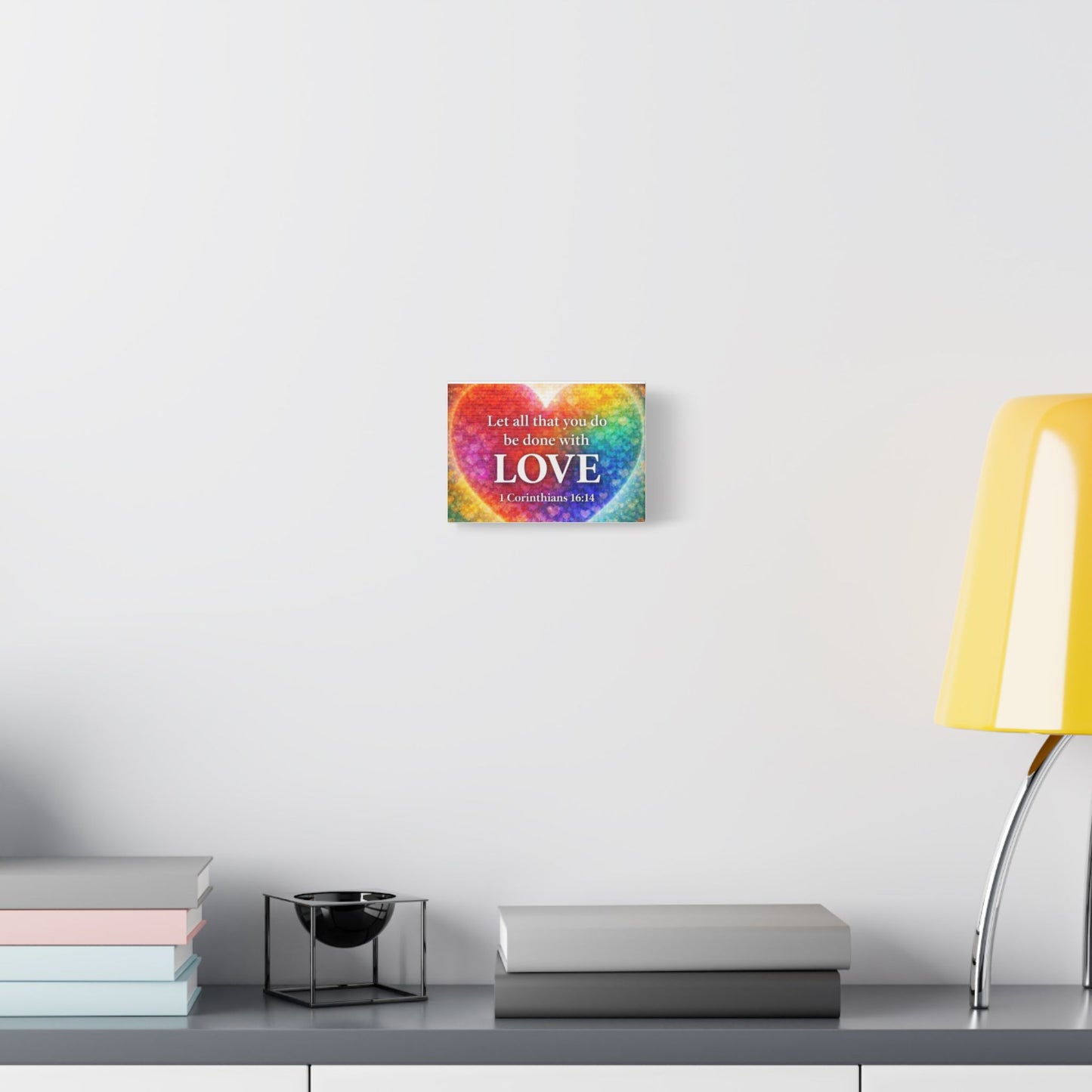 Christian Satin Canvas Print — “Let All That You Do Be Done With LOVE” (1 Corinthians 16:14) Rainbow Heart Wall Art
