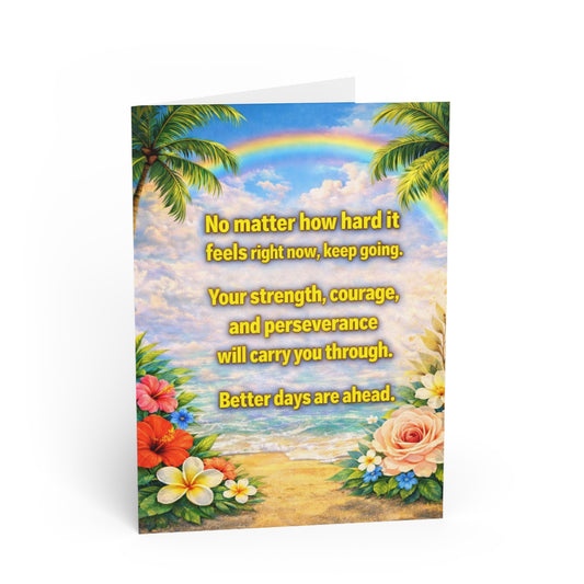Encouragement Greeting Card — 'Never Give Up' Inspirational Beach Rainbow Card