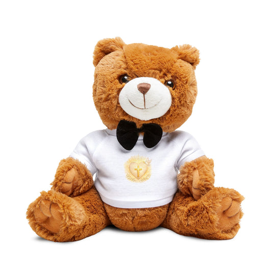 Religious Teddy Bear with T-Shirt — Plush Gift for Baptism, First Communion, or Christening