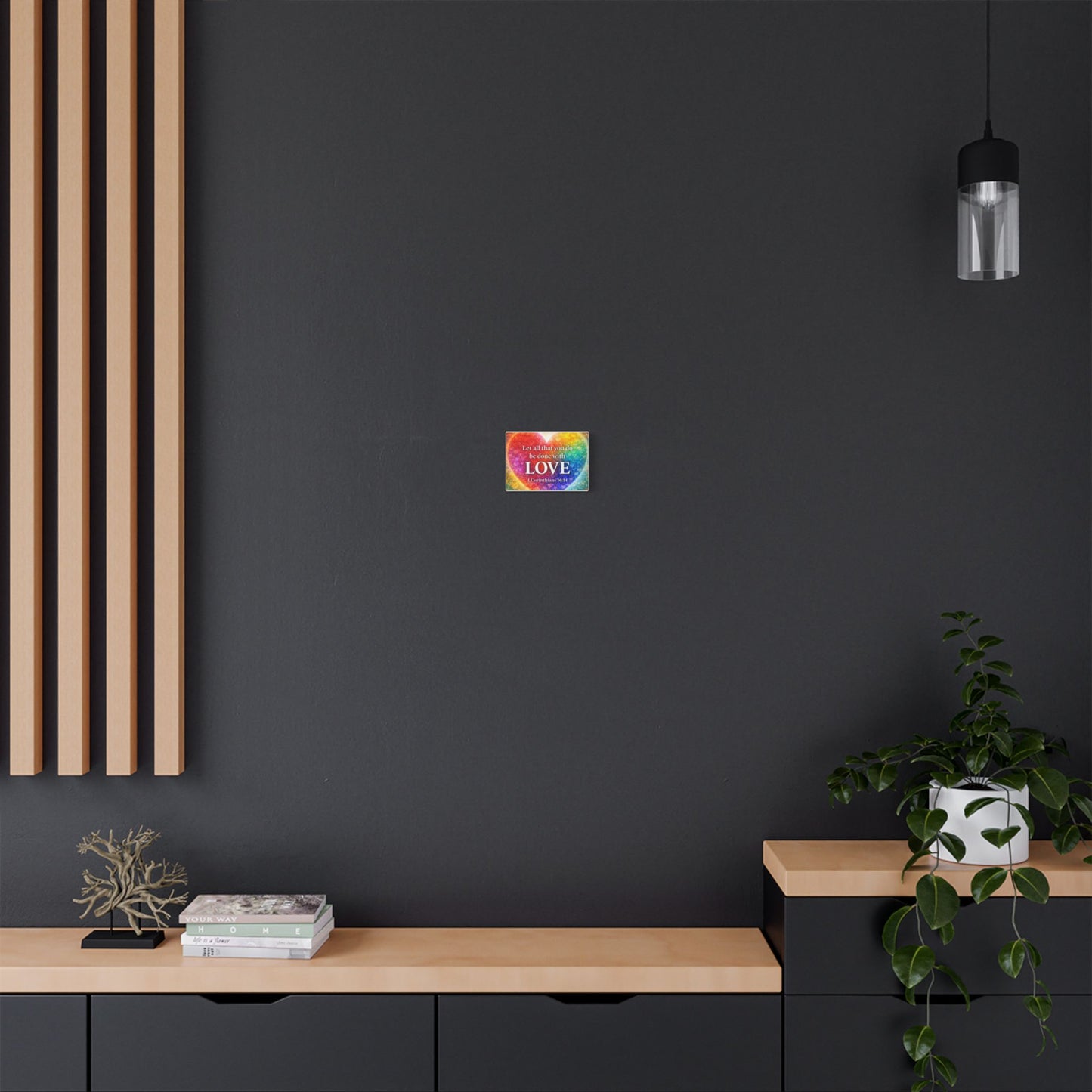 Christian Satin Canvas Print — “Let All That You Do Be Done With LOVE” (1 Corinthians 16:14) Rainbow Heart Wall Art