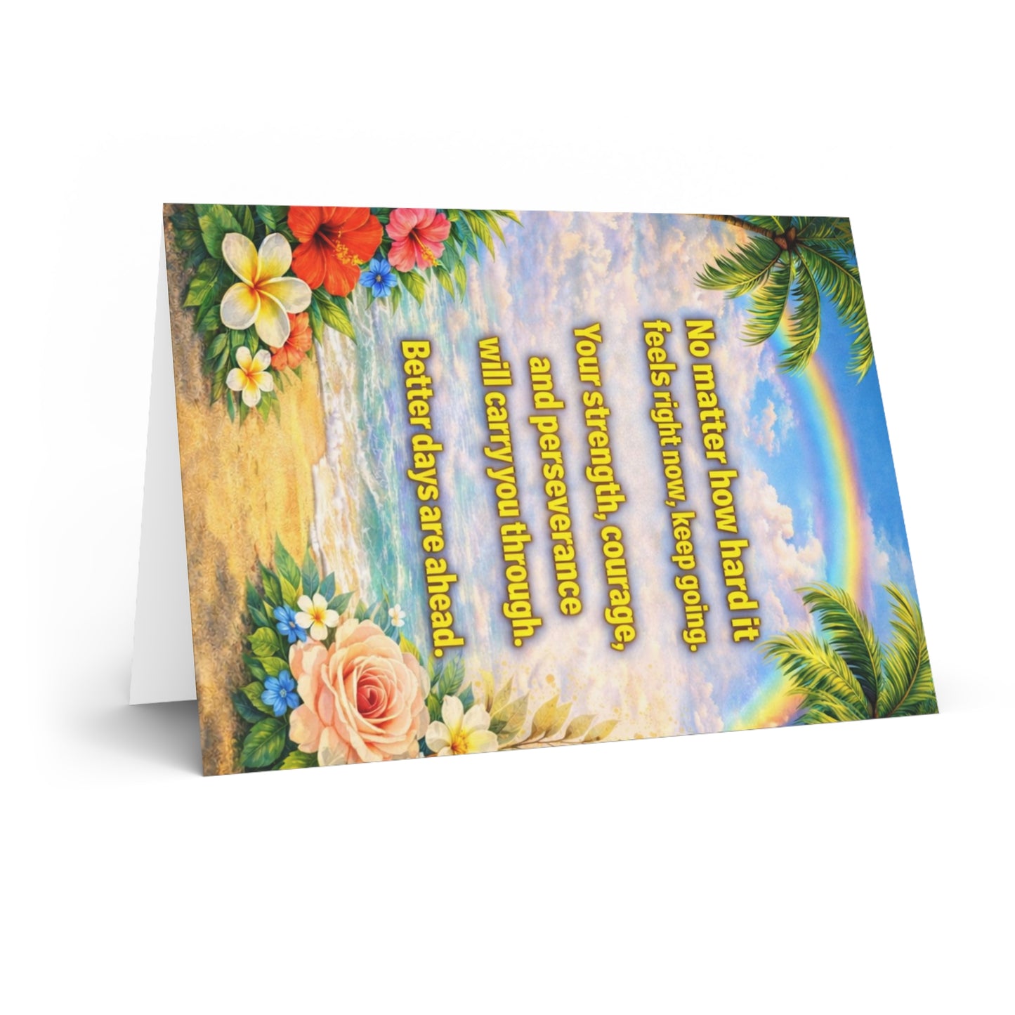 Encouragement Greeting Card — 'Never Give Up' Inspirational Beach Rainbow Card