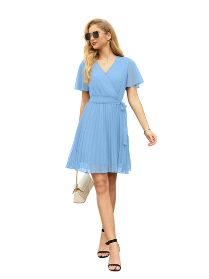 GRECERELLE Womens Summer Casual Wrap Dress Chiffon Cute Pleated Beach Tie Waist Dresses for Women (Light Blue, L)