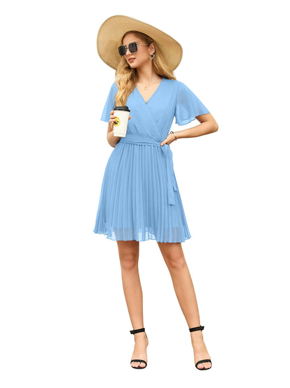 GRECERELLE Womens Summer Casual Wrap Dress Chiffon Cute Pleated Beach Tie Waist Dresses for Women (Light Blue, L)