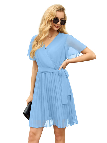 GRECERELLE Womens Summer Casual Wrap Dress Chiffon Cute Pleated Beach Tie Waist Dresses for Women (Light Blue, L)