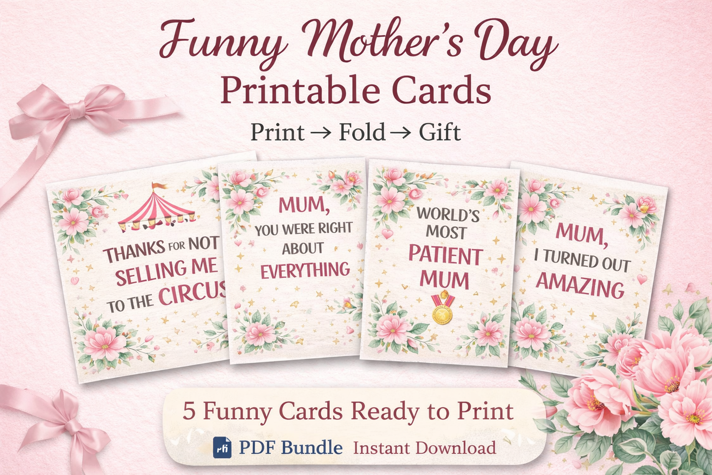Funny Mother’s Day Printable Cards Bundle | 5 Foldable PDF Cards | Instant Download